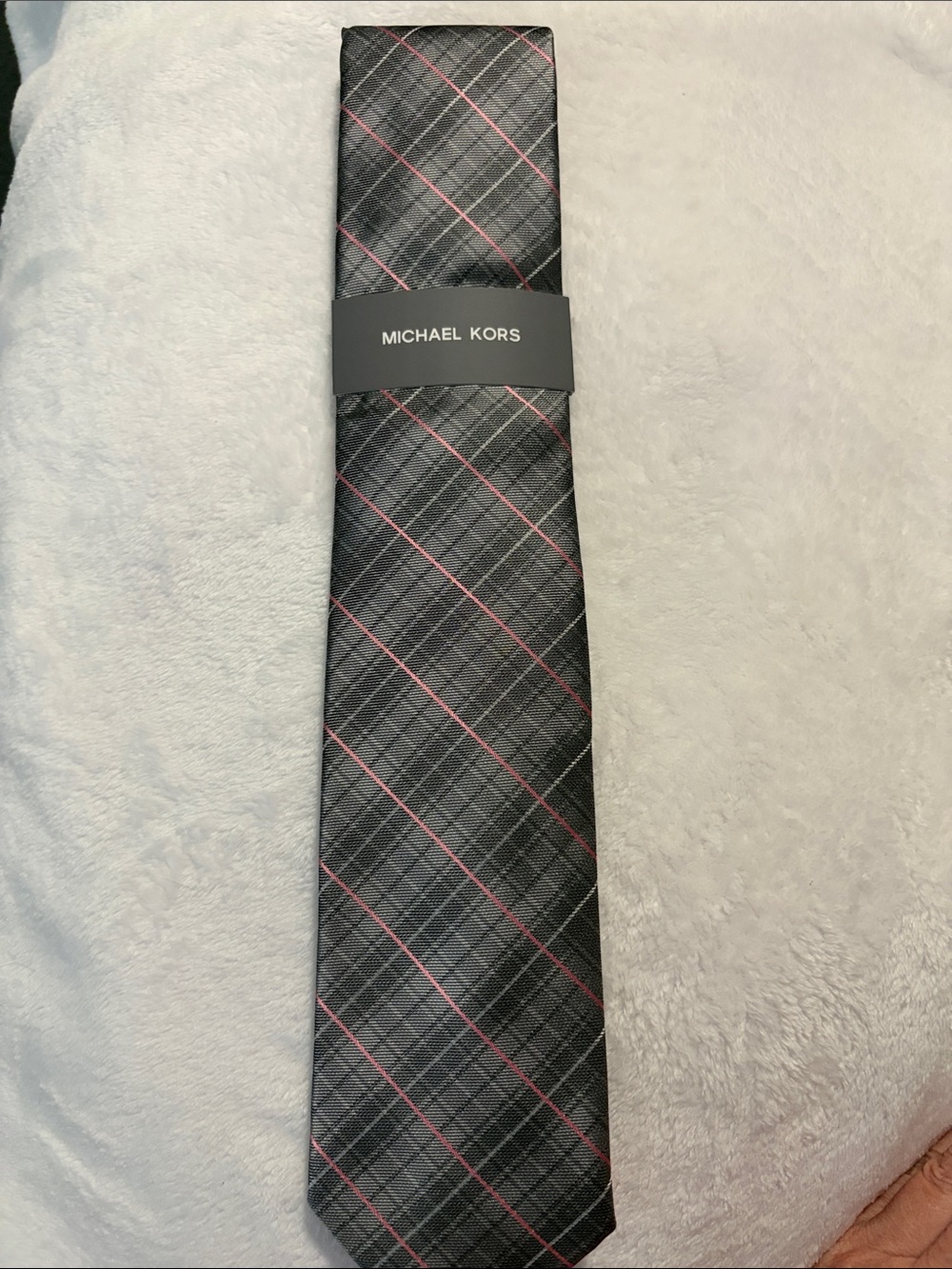 Michael Kors Black and Pink Plaid Silk Tie